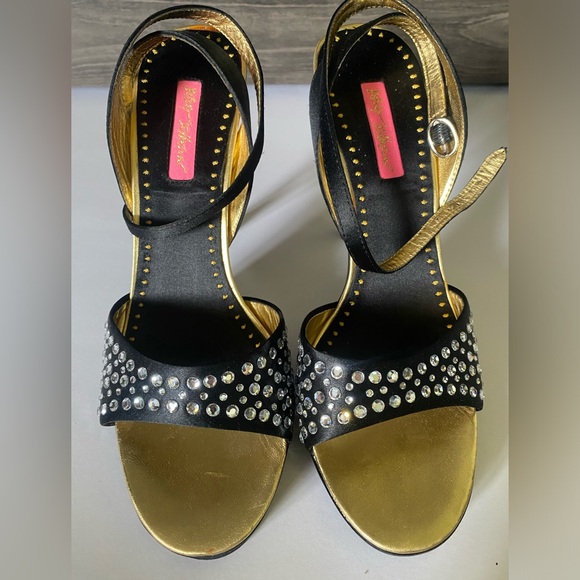 Black Betsey Johnson "Cristie" rhinestone heel sandals with w/strap, sz 10 - Picture 2 of 10